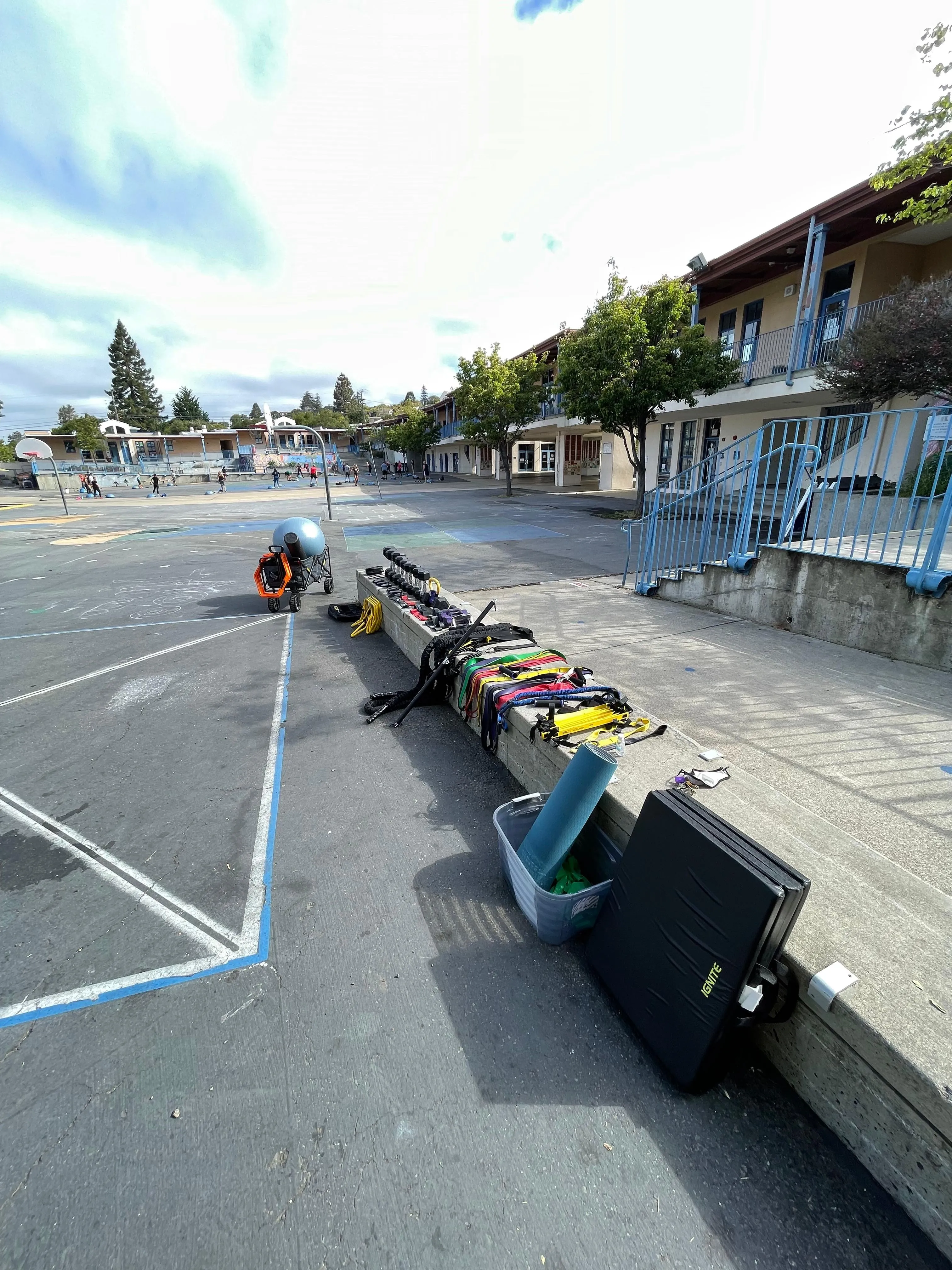 Dumbbells, bands, and mats laid out for an outdoor training session